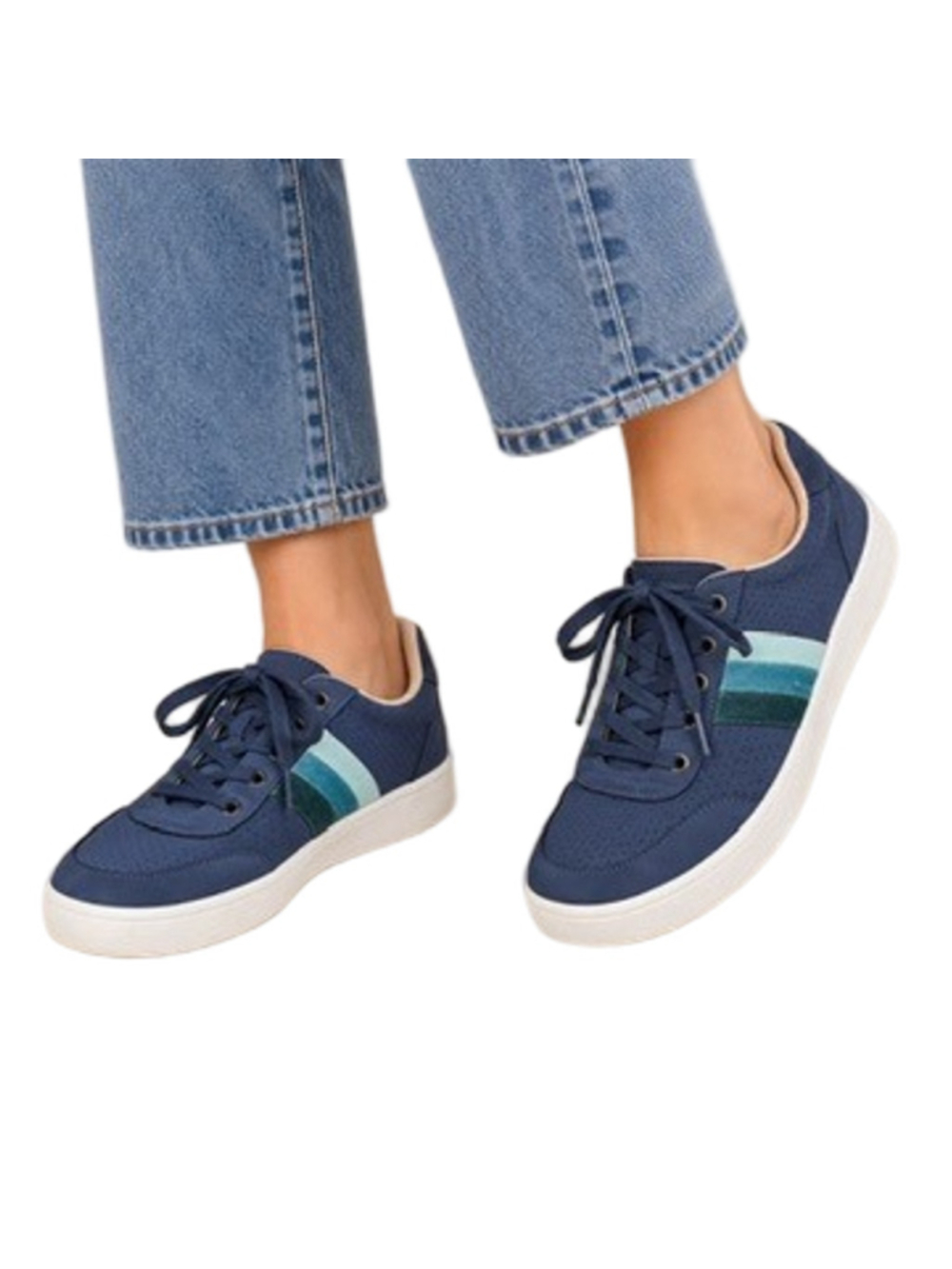 Revitalign Orthotic Casual Belmont Striped Sneakers Retro Velvet Trim Blue Sz 9